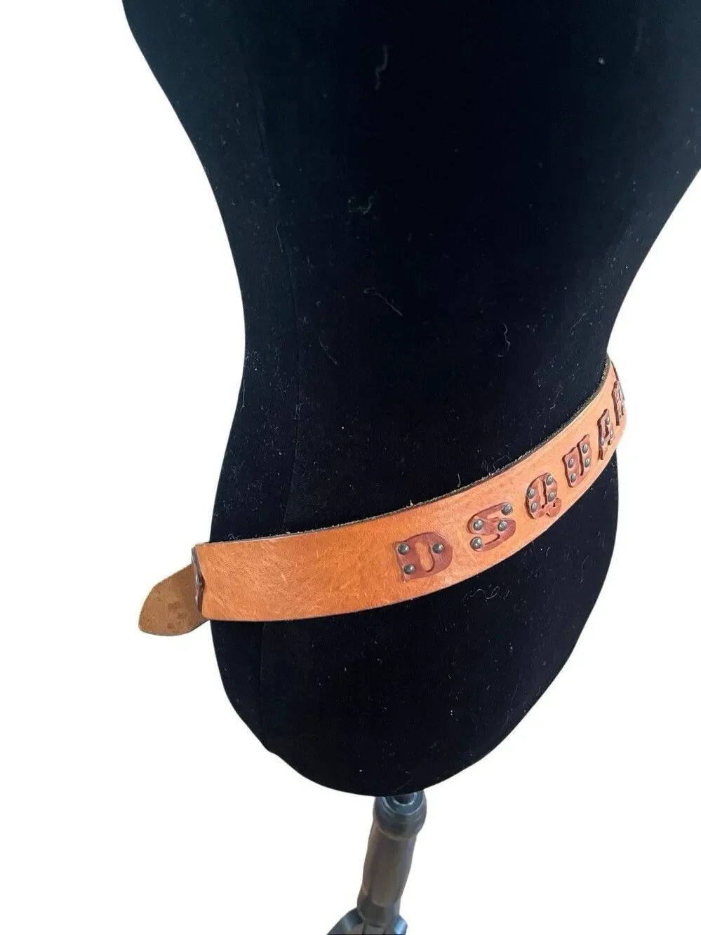 DSQUARED2 Brown Leather Belt Double Prong Studded Lettering Logo Brass Buckle M